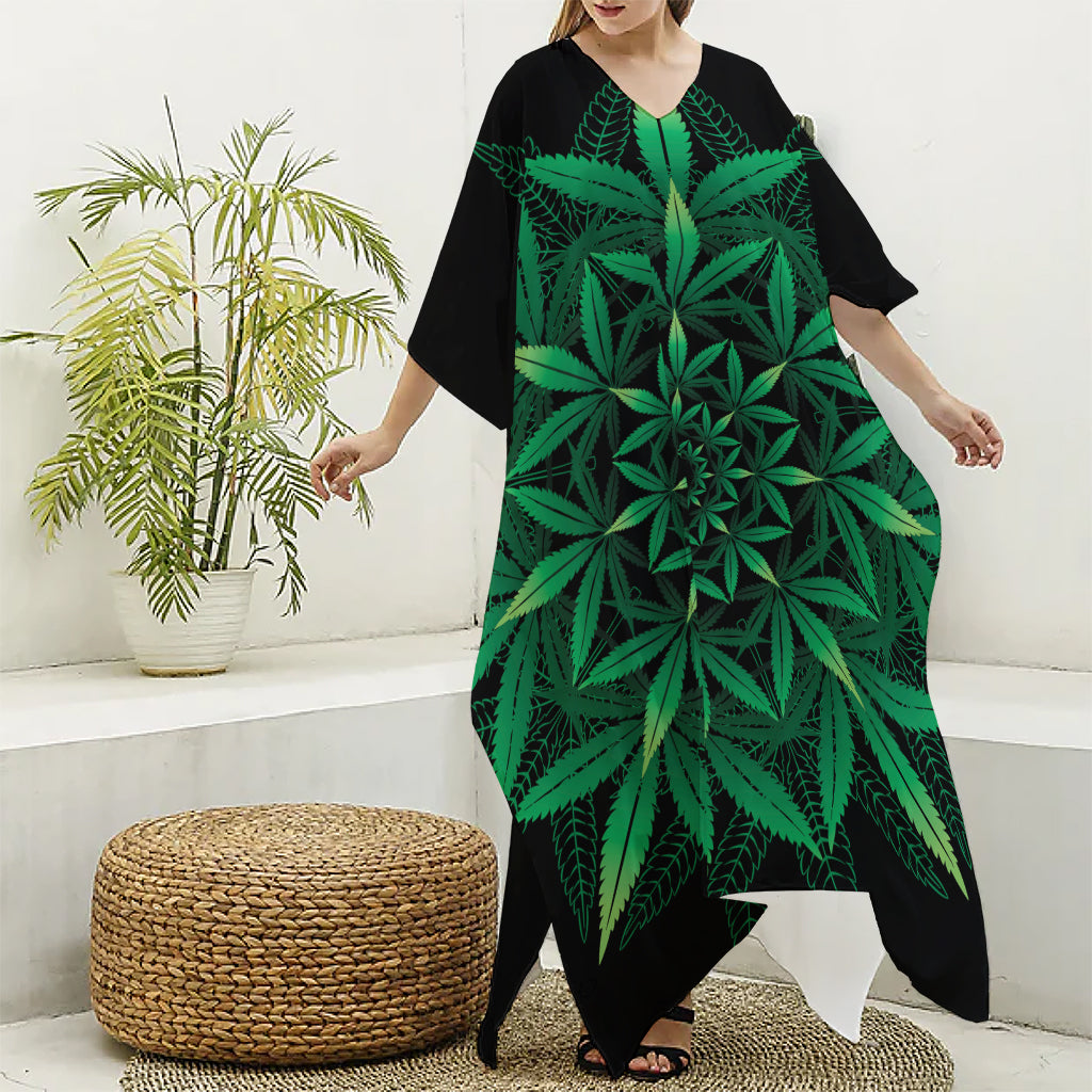 Cannabis Leaf Mandala Print Silk V-Neck Kaftan Dress