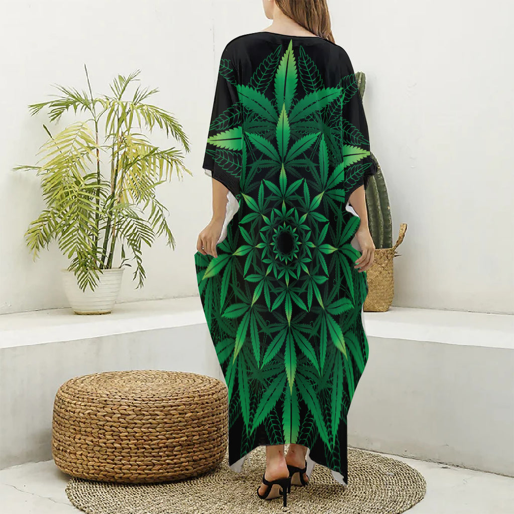 Cannabis Leaf Mandala Print Silk V-Neck Kaftan Dress