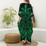 Cannabis Leaf Mandala Print Silk V-Neck Kaftan Dress