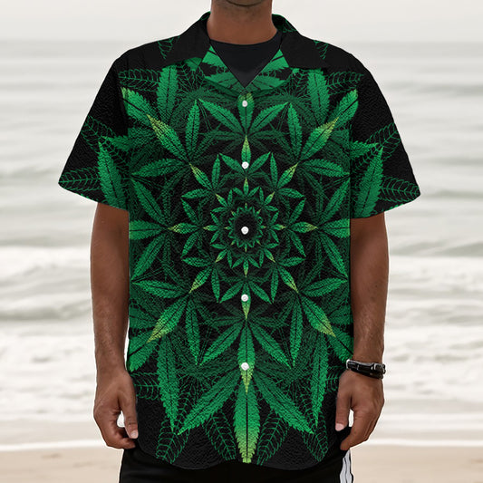 Cannabis Leaf Mandala Print Textured Short Sleeve Shirt