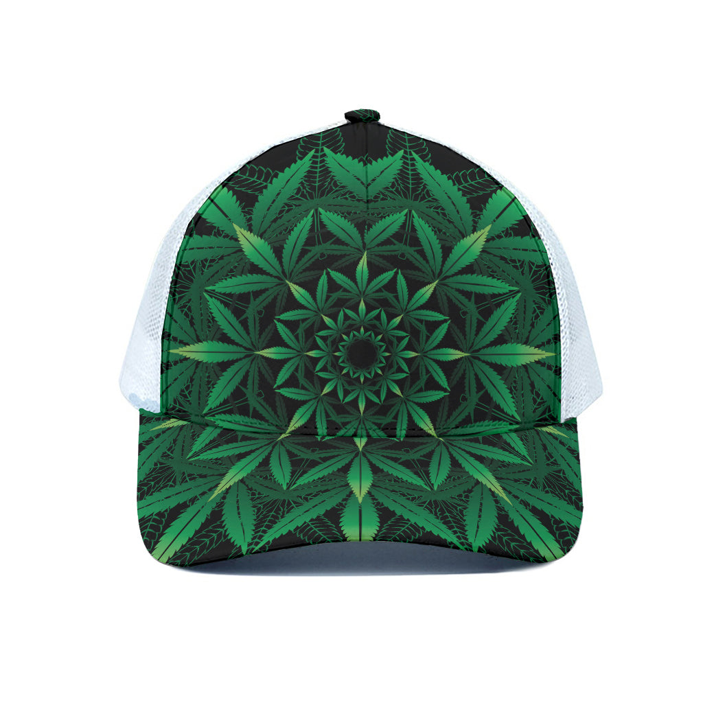Cannabis Leaf Mandala Print White Mesh Trucker Cap