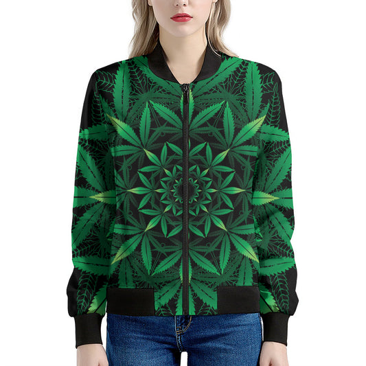 Cannabis Leaf Mandala Print Women's Bomber Jacket