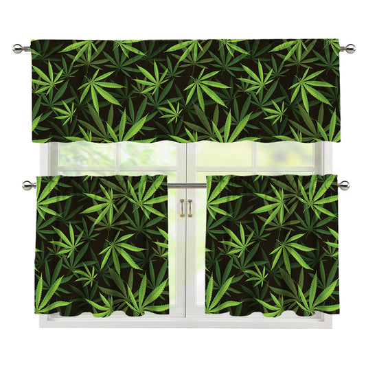 Cannabis Leaves Pattern Print 3 Piece Kitchen Curtains