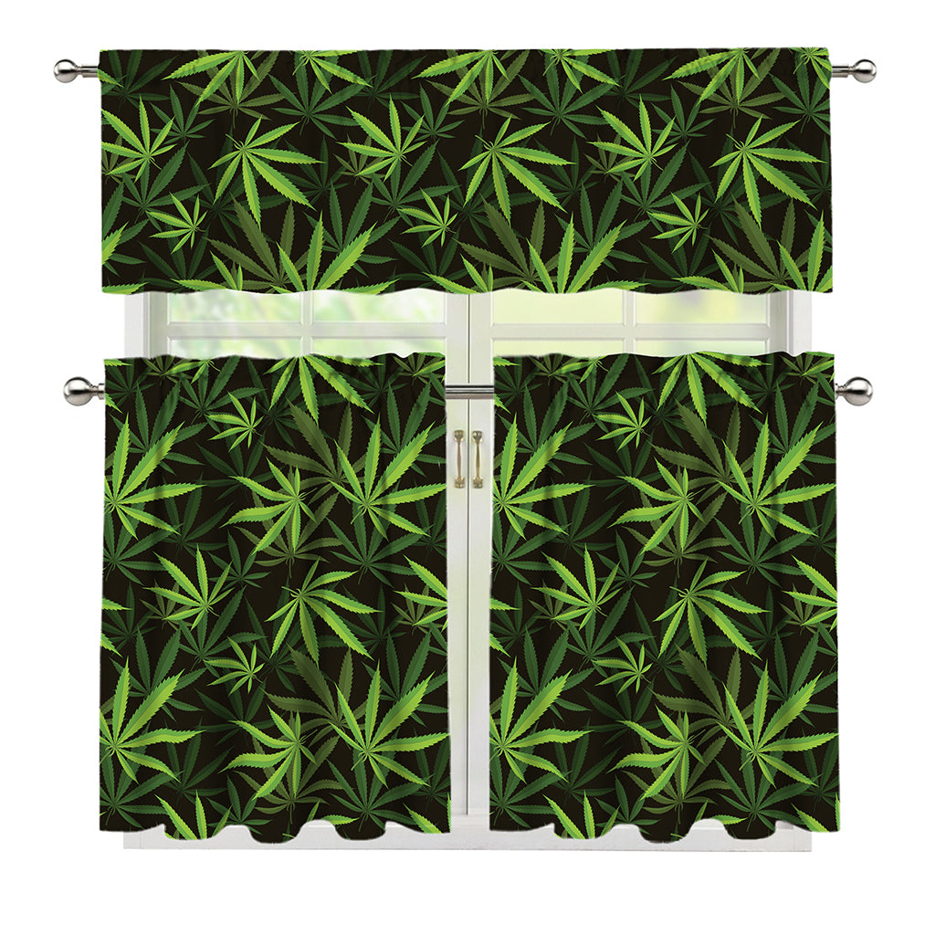 Cannabis Leaves Pattern Print 3 Piece Kitchen Curtains