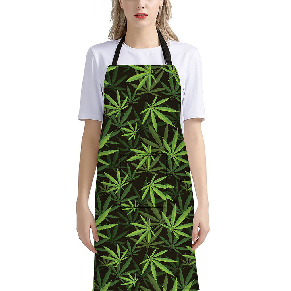 Cannabis Leaves Pattern Print Bib Apron With Pocket