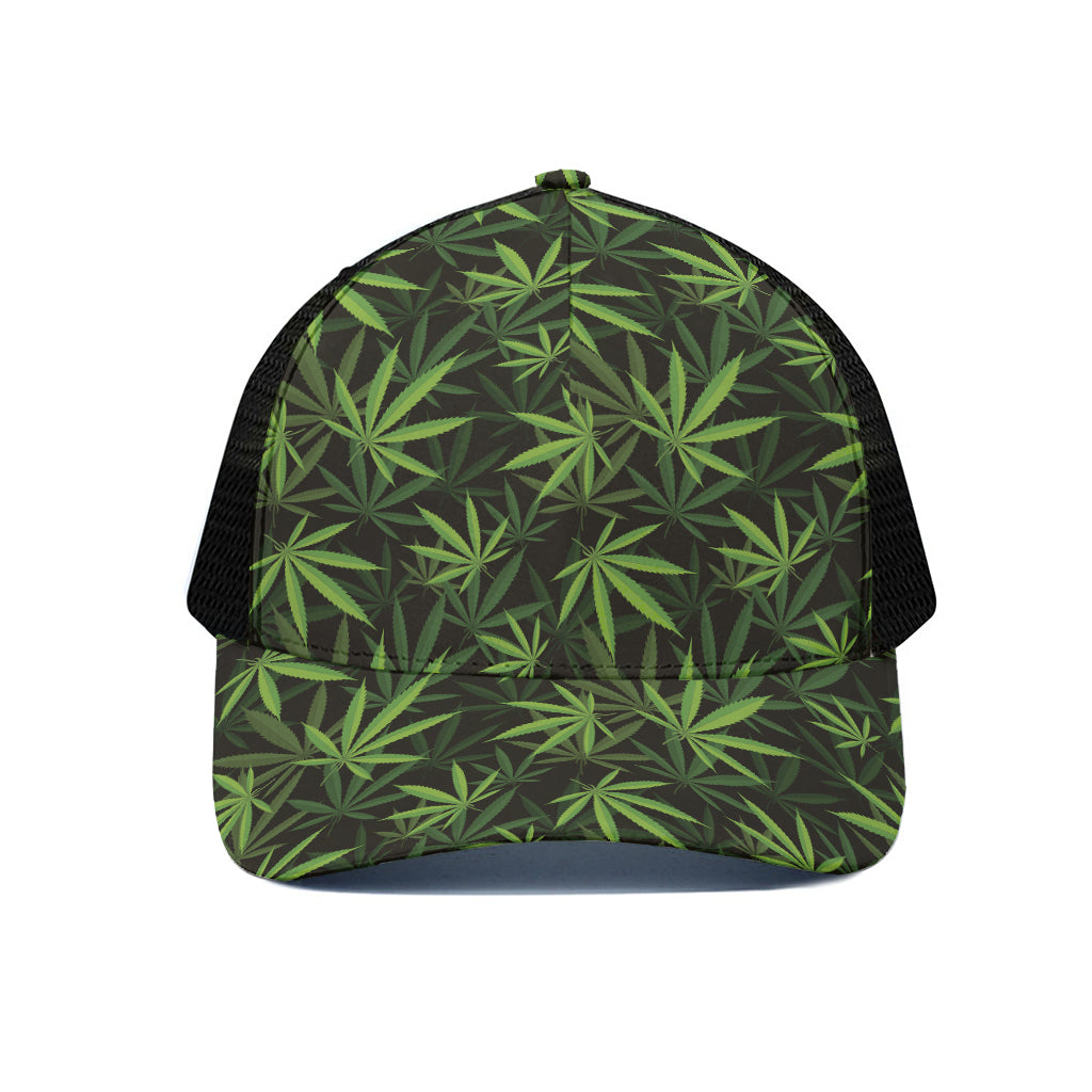 Cannabis Leaves Pattern Print Black Mesh Trucker Cap