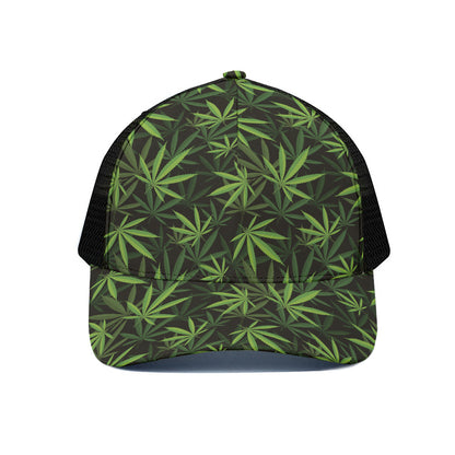Cannabis Leaves Pattern Print Black Mesh Trucker Cap