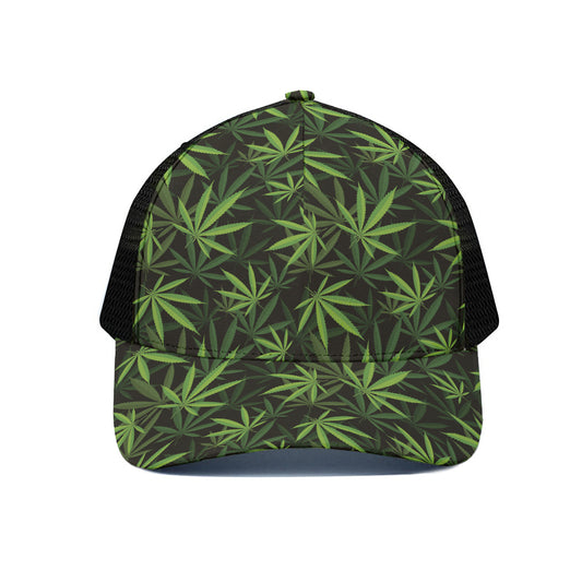 Cannabis Leaves Pattern Print Black Mesh Trucker Cap