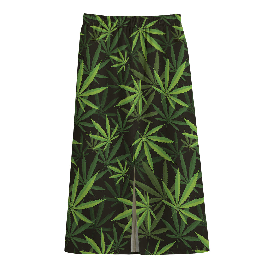 Cannabis Leaves Pattern Print Cotton Front Slit Maxi Skirt