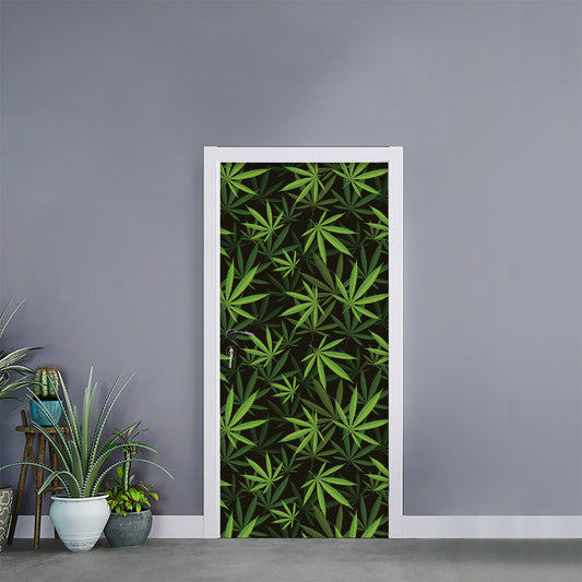 Cannabis Leaves Pattern Print Door Sticker