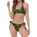 Cannabis Leaves Pattern Print Halter Scoop Tie Side Bikini
