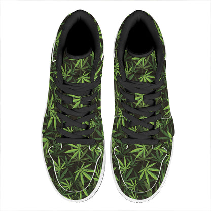 Cannabis Leaves Pattern Print High Top Leather Sneakers