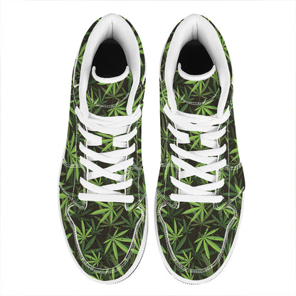 Cannabis Leaves Pattern Print High Top Leather Sneakers