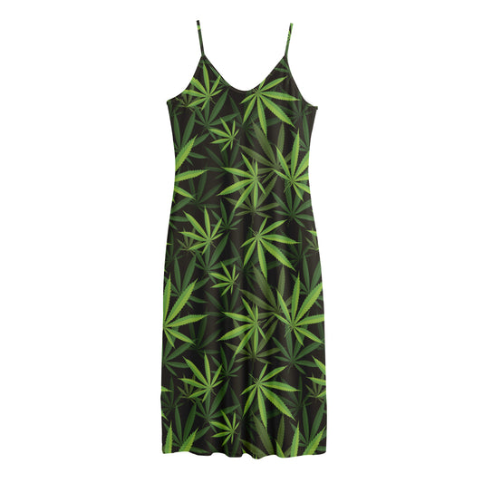 Cannabis Leaves Pattern Print Jersey Midi Cami Dress