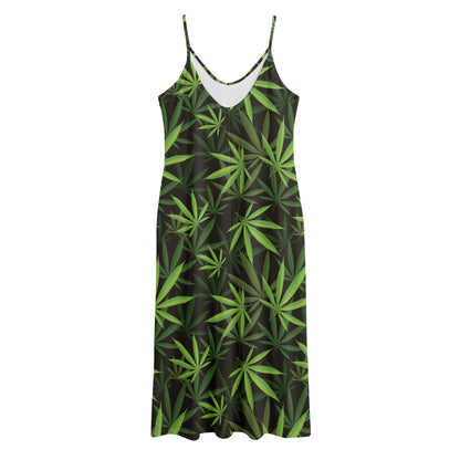 Cannabis Leaves Pattern Print Jersey Midi Cami Dress