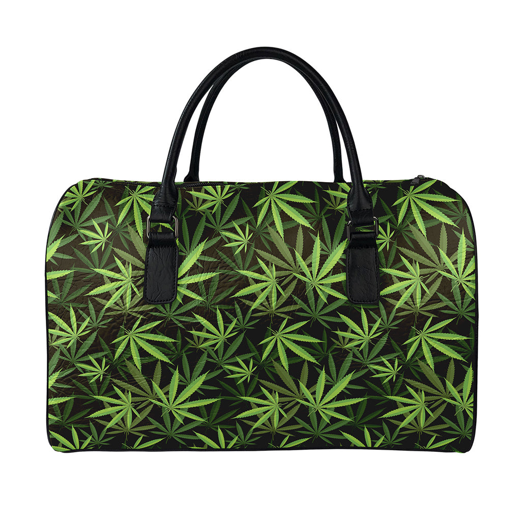 Cannabis Leaves Pattern Print Leather Duffle Bag