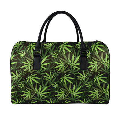 Cannabis Leaves Pattern Print Leather Duffle Bag