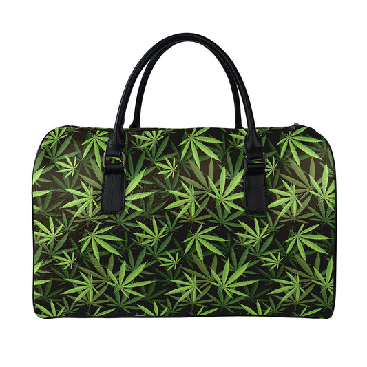Cannabis Leaves Pattern Print Leather Duffle Bag