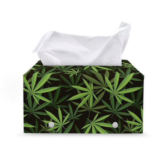 Cannabis Leaves Pattern Print Leather Tissue Box Cover