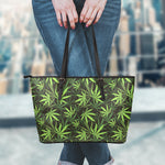 Cannabis Leaves Pattern Print Leather Tote Bag