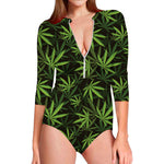 Cannabis Leaves Pattern Print Long Sleeve Swimsuit