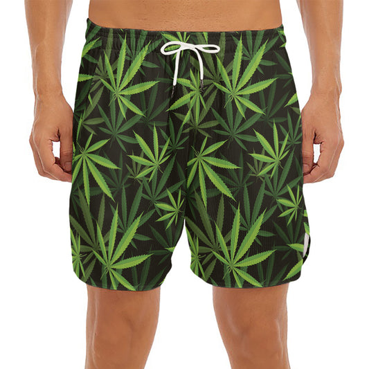 Cannabis Leaves Pattern Print Men's Split Running Shorts