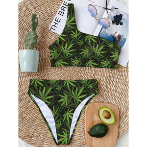 Cannabis Leaves Pattern Print One Shoulder Bikini Top