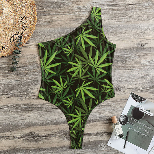 Cannabis Leaves Pattern Print One Shoulder Bodysuit