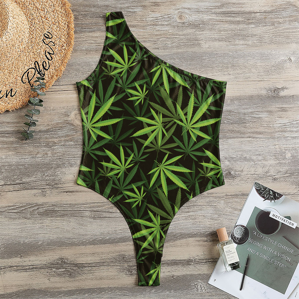 Cannabis Leaves Pattern Print One Shoulder Bodysuit