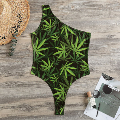 Cannabis Leaves Pattern Print One Shoulder Bodysuit