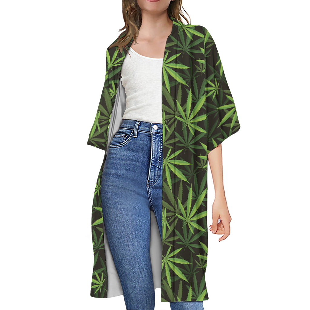 Cannabis Leaves Pattern Print Open Front Beach Cover Up