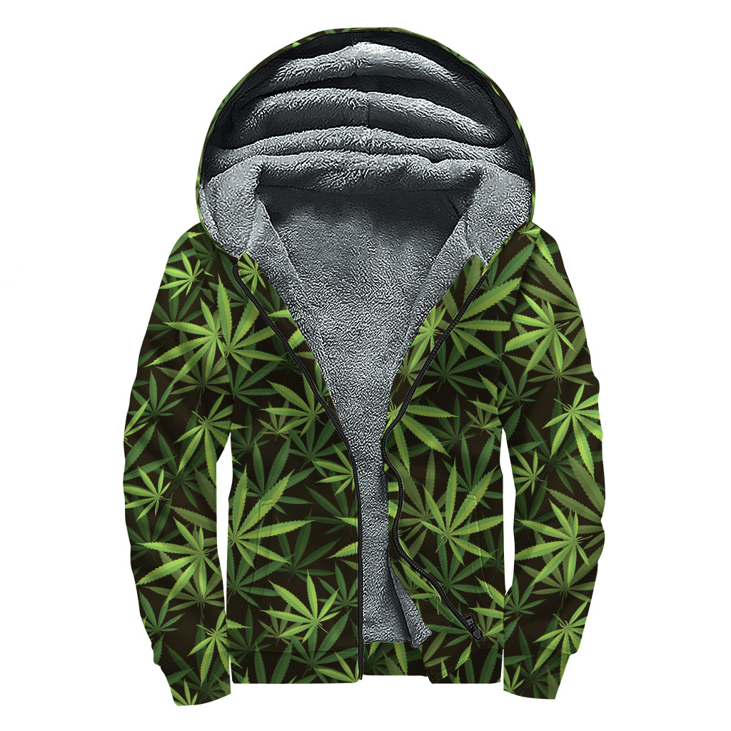 Cannabis Leaves Pattern Print Sherpa Lined Zip Up Hoodie