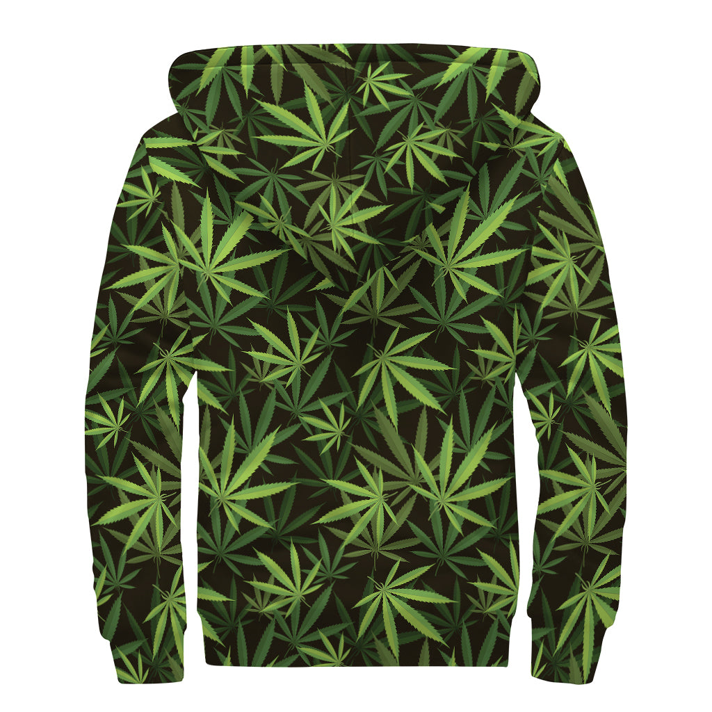 Cannabis Leaves Pattern Print Sherpa Lined Zip Up Hoodie