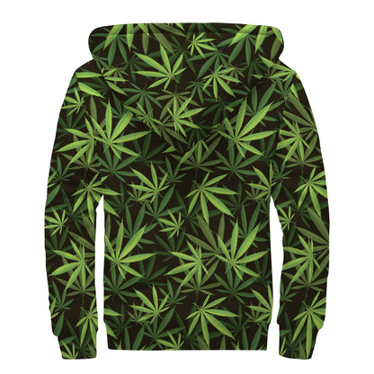 Cannabis Leaves Pattern Print Sherpa Lined Zip Up Hoodie