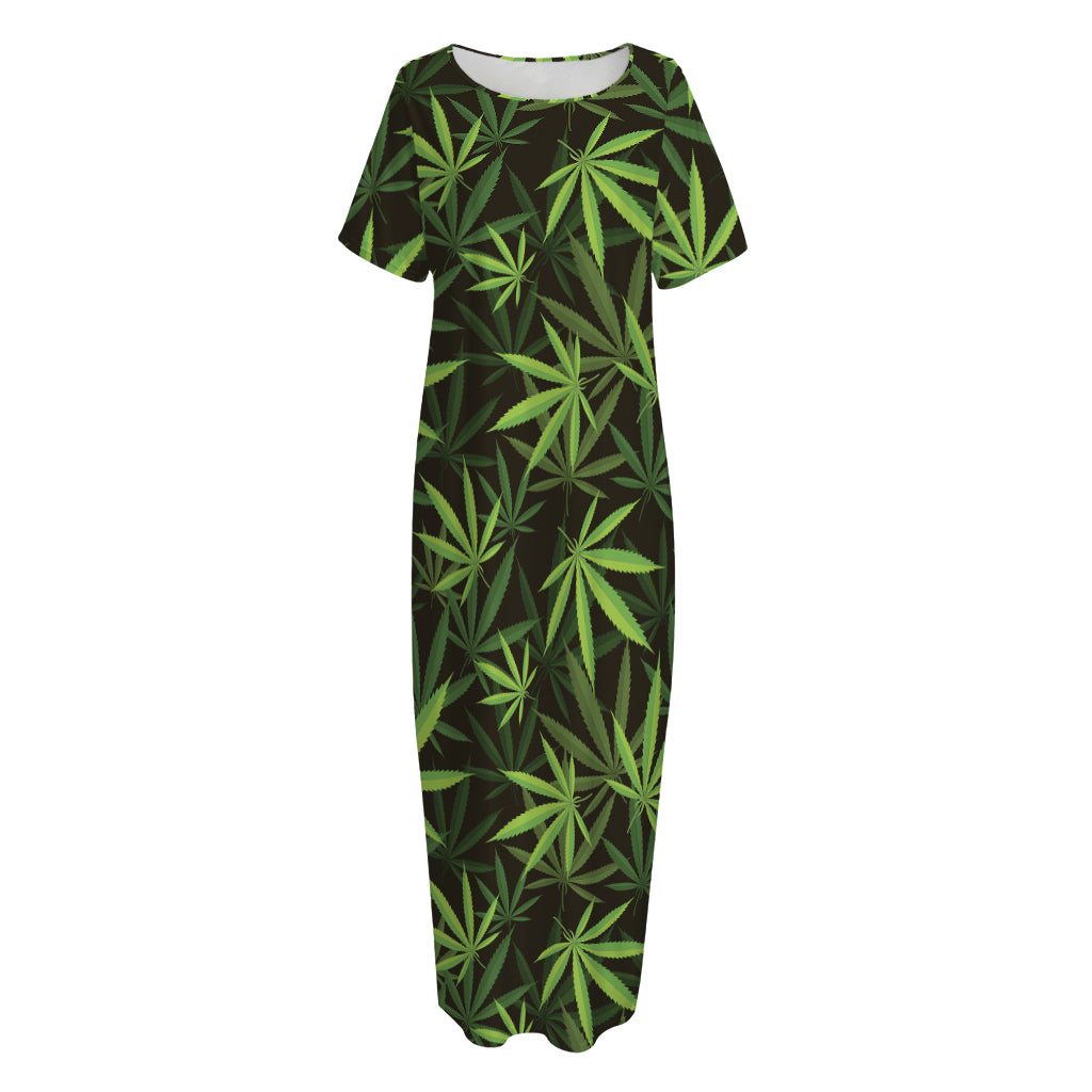 Cannabis Leaves Pattern Print Short Sleeve Long Nightdress