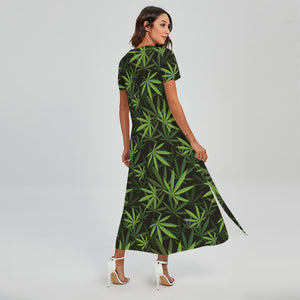 Cannabis Leaves Pattern Print Short Sleeve Maxi Dress