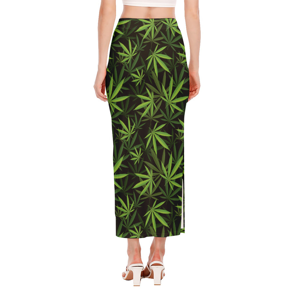 Cannabis Leaves Pattern Print Side Slit Maxi Skirt