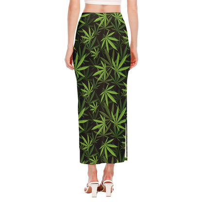 Cannabis Leaves Pattern Print Side Slit Maxi Skirt