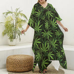 Cannabis Leaves Pattern Print Silk V-Neck Kaftan Dress