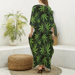 Cannabis Leaves Pattern Print Silk V-Neck Kaftan Dress