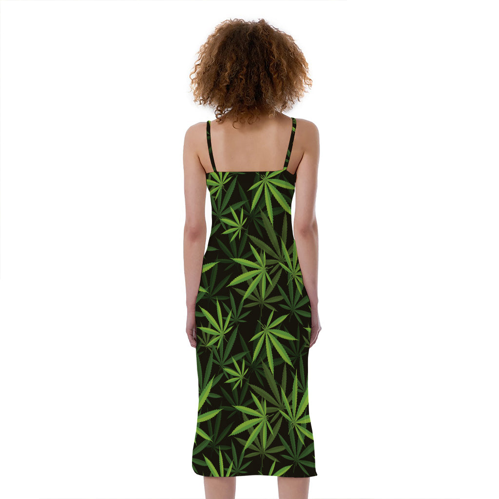 Cannabis Leaves Pattern Print Slim Fit Midi Cami Dress