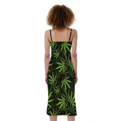 Cannabis Leaves Pattern Print Slim Fit Midi Cami Dress