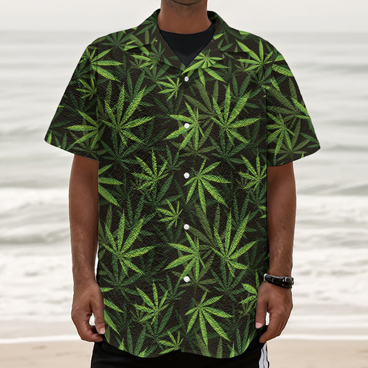 Cannabis Leaves Pattern Print Textured Short Sleeve Shirt