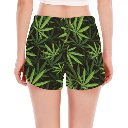 Cannabis Leaves Pattern Print Women's Split Running Shorts
