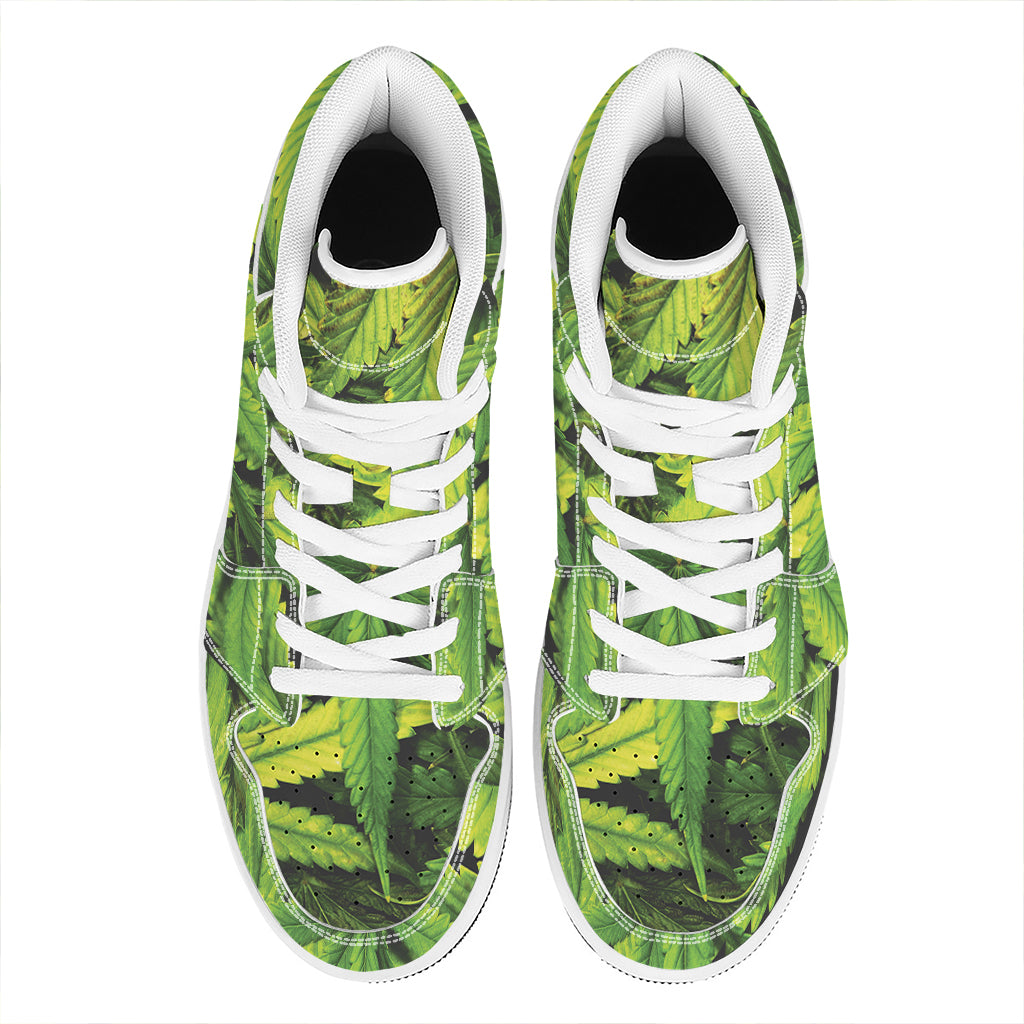 Cannabis Print High Top Leather Sneakers