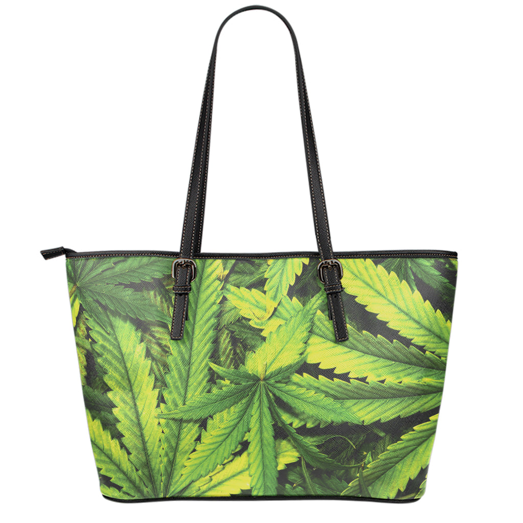 Cannabis Print Leather Tote Bag