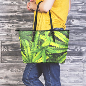 Cannabis Print Leather Tote Bag