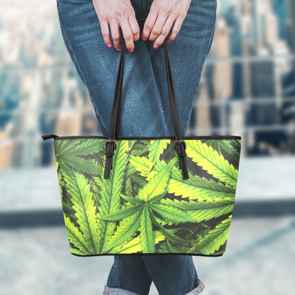 Cannabis Print Leather Tote Bag