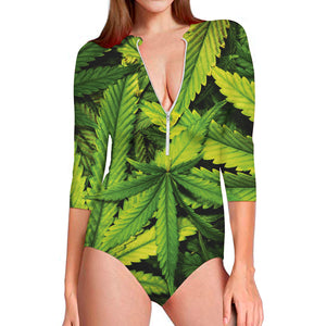 Cannabis Print Long Sleeve Swimsuit