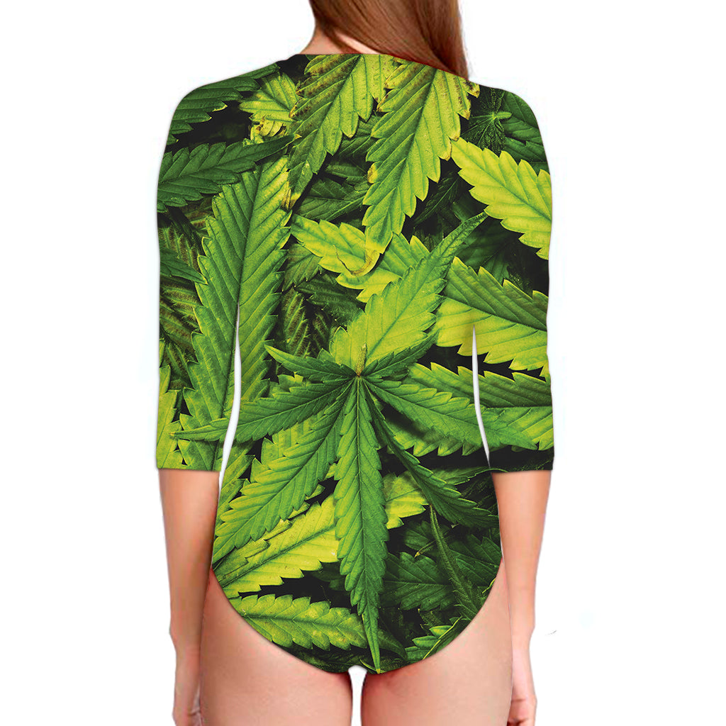 Cannabis Print Long Sleeve Swimsuit